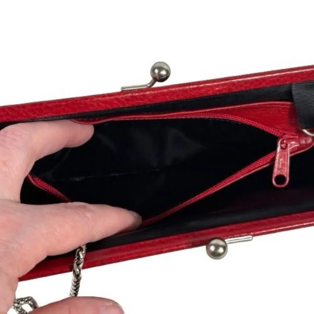 Brighton Red Pebbled & Croc Leather Crossbody Evening Bag Clutch Chain Strap - Picture 8 of 16